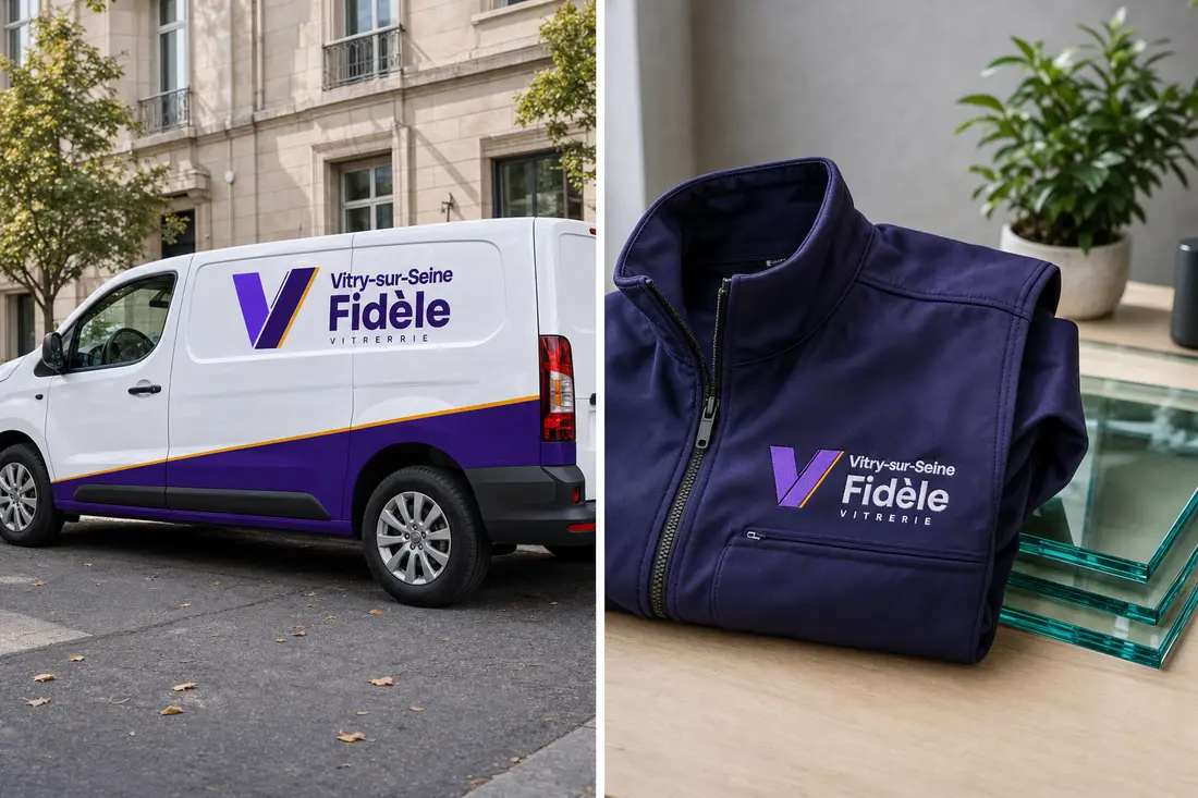 Utilitaire et veste de travail aux couleurs de Vitry-sur-Seine Fidèle Vitrerie, avec des plaques de verre
